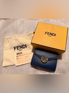 Fendi Small Trifold Wallet in Navy with Gold Logo